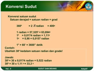 Konversi Sudut

  Konversi satuan sudut
   Satuan derajad = satuan radian = grad

          3600      =2   π radian   = 400g

          1 radian = 57,3250 = 63,694g
          10 = 0,0174 radian = 1,11g
          1g = 0,90 = 0,0157 radian

          1° = 60’ = 3600” detik
Contoh:
Ubahlah 300 kedalam satuan radian dan grade!

Jawab:
300 = 30 x 0,0174 radian = 0,522 radian
300 = 30 x 1,11 g = 33,3 g
Hal.: 8                     SUDUT DAN BIDANG   Adaptif
 