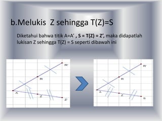 b.Melukis Z sehingga T(Z)=S
 Diketahui bahwa titik A=A’ , S = T(Z) = Z’, maka didapatlah
 lukisan Z sehingga T(Z) = S seperti dibawah ini
 