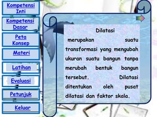Dilatasi
merupakan suatu
transformasi yang mengubah
ukuran suatu bangun tanpa
merubah bentuk bangun
tersebut. Dilatasi
ditentukan oleh pusat
dilatasi dan faktor skala.
Kompetensi
Inti
Peta
Konsep
Materi
Latihan
Evaluasi
Petunjuk
Keluar
Kompetensi
Dasar
 
