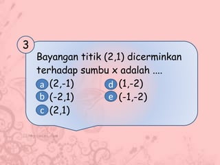 Bayangan titik (2,1) dicerminkan
terhadap sumbu x adalah ....
(2,-1) (1,-2)
(-2,1) (-1,-2)
(2,1)
3
a
b
c
d
e
 