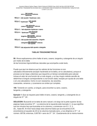 Arquitecto Roberto Saldivar Olague, Cédula Profesional 2538150, fojas-164-01 del libro A253-DGP.SEP.MX
GEOMETRIA Y TRIGONOMETRIA APLICADA FACIL E INTERESANTE PARA ESTUDIANTES DE PREPARATORIA Y ARQUITECTURA
C O M P I L A C I O N.
41
TABLAS TRIGONOMETRICAS
99. Ahora explicaremos cómo hallar el seno, coseno, tangente y cotangente de un ángulo
por medio de la tabla
de las funciones trigonométricas naturales que acompaña a este texto.
Puede que aquí se observa que los valores de las funciones no son
calculados directamente (excepto haciéndolo en la tabla y en la calculadora), porque el
proceso es tan largo y laborioso que requeriría un tiempo considerable para calcular
incluso el valor de una función de un solo ángulo, y no hay ningún método sencillo de
determinar el ángulo correspondiente a una función dada, excepto por ayuda de una tabla
o en una calculadora. Como no son necesarios, las secantes,
cosecantes, versenos, y coversenos se omiten por completo.
100. Teniendo en cuenta, un ángulo, para encontrar su seno, coseno,
tangente y cotangente:
Ejemplo 1.-Que se requiere para hallar el seno, coseno, tangente, y cotangente de un
ángulo de 37 ° 24’.
SOLUCION.-Buscando en la tabla de seno natural: a lo largo de la parte superior de las
páginas hasta encontrar 37°. La columna de la izquierda está marcado (´), lo que significa
que los minutos hay que buscarlas en la columna, y comienzan con O, l, 2, 3,
etc., hasta 60. Al mirar hacia abajo esta columna hasta que se encuentra el 24',
encontramos el opuesto de 24´en la columna marcada seno, y nos dirigimos a 37 °, el
número .60738; entonces, 0,60738 = seno de 37 ° 24 '. Exactamente de la misma manera
 