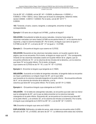 Arquitecto Roberto Saldivar Olague, Cédula Profesional 2538150, fojas-164-01 del libro A253-DGP.SEP.MX
GEOMETRIA Y TRIGONOMETRIA APLICADA FACIL E INTERESANTE PARA ESTUDIANTES DE PREPARATORIA Y ARQUITECTURA
C O M P I L A C I O N.
44
Cot de 56° 43' = 0,65646; cot de 56° 44' = 0,65604; la diferencia = 0,00042, y
0.00042 x 17/60 = 00012, cerca. Dado que se buscó la cotangente, debemos restar,
dando 0.65646 - 0.00012 = 0,65634. Por lo tanto, cot de 56° 43'17 "=
0.65634.
103. Teniendo, el seno, coseno, tangente, o cotangente, encontrar el ángulo
correspondiente:
Ejemplo 1.-El seno de un ángulo es 0.47486; ¿cuál es el ángulo?
SOLUCION.-Consultando la tabla de senos naturales, miramos hacia abajo la
columnas marcadas con seno hasta 0.47486 se encuentra frente 21', en la columna de la
izquierda, y bajo la columna titulada 28°. Por lo tanto, el ángulo cuyo seno es igual a =
0.47486 es de 28° 21', o el seno de 28 ° 21' es igual a = 0.47486.
Ejemplo 2.-- Encuentra el ángulo cuyo coseno es 0.27032.
SOLUCION. Buscando en las columnas marcadas coseno, en la parte superior de la
página, que no se encuentra; Por lo tanto, el ángulo es mayor que 45 °. Por consiguiente,
mirando en las columnas marcadas coseno en la parte inferior de la página, que se
encuentra enfrente de 19 ', en la columna de los minutos de la derecha, y en la columna
que tiene 74° en la parte inferior. Por lo tanto, el ángulo
cuyo coseno es 0.27032 es de 74° 19', o cos 74° 19' = 0.27032.
Ejemplo 3. -Encontrar el ángulo cuya tangente es 2,15925.
SOLUCIÓN.- buscando en la tabla de tangentes naturales, la tangente dada se encuentra
es mayor y pertenece a un ángulo mayor de 45°, por lo que debe
que buscarla en la columna marcada tangente en la parte inferior. Se encuentra enfrente
de 9 ', en la columna de minutos de la derecha, y en la
columna que tiene 65° en la parte inferior. Por lo tanto, tan 65° 9'= 2,15925.
Ejemplo 4. ~ Encuentra el ángulo cuya cotangente es 0,43412.
SOLUCIÓN.- En la tabla de cotangentes naturales, se encuentra que este valor es menor
que la cotangente de 45°, por lo que se debe encontrar en la columna marcada
cotangente en la parte inferior. Buscando allí, se encuentra en la columna que tiene 66°
en la parte inferior, y al contrario 32', en la columna de minutos a la derecha. Por lo tanto,
el ángulo cuya cotangente es 0.43412 es 66° 32', o cot de 66° 32' = 0,43412.
104. Encontrar el ángulo cuyo seno es 0.42531.
EXPLICACION.-Refiriendo a la tabla de senos, este número se encuentra entre 0,4252,
del seno de 25° 10', y 0.42552, del seno de 25° 11'. La diferencia entre estos dos números
 