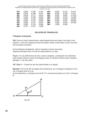 Arquitecto Roberto Saldivar Olague, Cédula Profesional 2538150, fojas-164-01 del libro A253-DGP.SEP.MX
GEOMETRIA Y TRIGONOMETRIA APLICADA FACIL E INTERESANTE PARA ESTUDIANTES DE PREPARATORIA Y ARQUITECTURA
C O M P I L A C I O N.
48
37º 0,602 0,799 0,754 83º 0,993 0,122 8,144
38º 0,616 0,788 0,781 84º 0,995 0,105 9,514
39º 0,629 0,777 0,810 85º 0,996 0,087 11,430
40º 0,643 0,766 0,839 86º 0,998 0,070 14,300
41º 0,656 0,755 0,869 87º 0,999 0,052 19,081
42º 0,669 0,743 0,900 88º 0,999 0,035 28,640
43º 0,682 0,731 0,933 89º 1,000 0,018 57,289
44º 0,695 0,719 0,966 90º 1,000 0,000
45º 0,707 0,707 1,000
SOLUCION DE TRIANGULOS
Triángulos rectángulos
106. Como se indicó anteriormente, cada triángulo tiene seis partes, tres lados y tres
ángulos, y si se dan cualquiera de las tres partes. Siendo una de ellos un lado, los otros
tres se pueden encontrar.
En los triángulos rectángulos, sólo es necesario conocer dos partes
Además del ángulo recto, uno de los cuales debe ser un lado.
Reglas 1-8 y las definiciones de seno, coseno, tangente, y cotangente son suficientes
para resolver todos los casos de triángulos rectos. El método se ilustra mejor mediante
ejemplos. Y son dos casos.
107. Caso 1. – Cuando se dan dos partes dadas y un ángulo:
Ejemplo 1.-En la Fig. 68, la longitud de la hipotenusa de un triángulo rectángulo A C B,
con un ángulo recto en C es
de 24 centímetros, y el ángulo A es de 29° 31'; encuentra los lados A C y B C y el ángulo
B.
Fig. 68
 