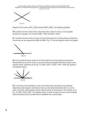 Arquitecto Roberto Saldivar Olague, Cédula Profesional 2538150, fojas-164-01 del libro A253-DGP.SEP.MX
GEOMETRIA Y TRIGONOMETRIA APLICADA FACIL E INTERESANTE PARA ESTUDIANTES DE PREPARATORIA Y ARQUITECTURA
C O M P I L A C I O N.
8
Ángulos. Por lo tanto, AOC y D08, también DOA y BOC, son ángulos opuestos.
20. Cuando una línea recta corta a otra recta línea, como en la Fig. 13, los ángulos
opuestos son iguales. Por lo tanto, DOB = AOC and DOA = BOC.
21. Cuando una línea recta se reúne con otra línea recta en un punto entre sus extremos,
la suma de los dos adyacentes ABD and ABC, Fig. 14, los dos ángulos rectos son iguales.
22. Si una serie de líneas rectas en el mismo lado de una línea dada se encuentran
directamente en el mismo punto, la suma de todos los ángulos formados es igual a dos
ángulos rectos. Entonces en la Fig. 15, COB + DOC + EOD + FOE + AOF son iguales a
dos ángulos rectos.
23. si una línea recta interseca o corta a otra línea recta, de modo que los ángulos
adyacentes sean iguales, las líneas se dice que son perpendiculares entre sí y en tal
caso, se forman cuatro ángulos rectos sobre el punto de intersección. Por lo tanto, en la
Fig. 16, BOC, COA, AOD, son ángulos rectos. A partir de este se ve que cuatro ángulos
rectos son todo lo que se puede formar alrededor de un punto dado.
 