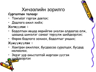 Хичээлийн зорилго
Сургалтын талаар:
• Томъёог гаргаж давтах;
• Дадлага ажил хийх;
Хө гжүү лэх :
• Бодолтын явцад өөрийгөө үнэлэн алдаагаа олж,
  цаашид шинэлэг санааг төрүүлж шийдвэрлэх;
• Өөрөө бодлого зохиох, бодолтыг унших;
Хү мүү жүү лэх :
• Хамтран ажиллах, бусдаасаа суралцах, бусдад
  нөлөөлөх.
• Эерэг уур амьсгалтай маргаан үүсгэж
  шийдвэрлэх
 