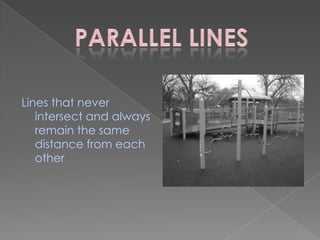 Lines that never intersect and always remain the same distance from each otherParallel Lines