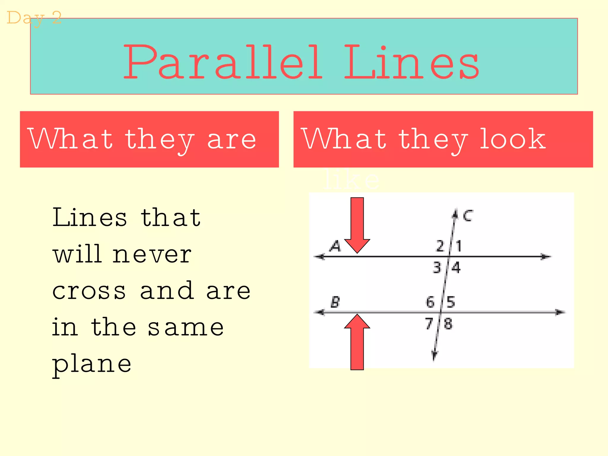 Parallel Lines What they look like What they are Lines that will never cross and are in the same plane Day 2 