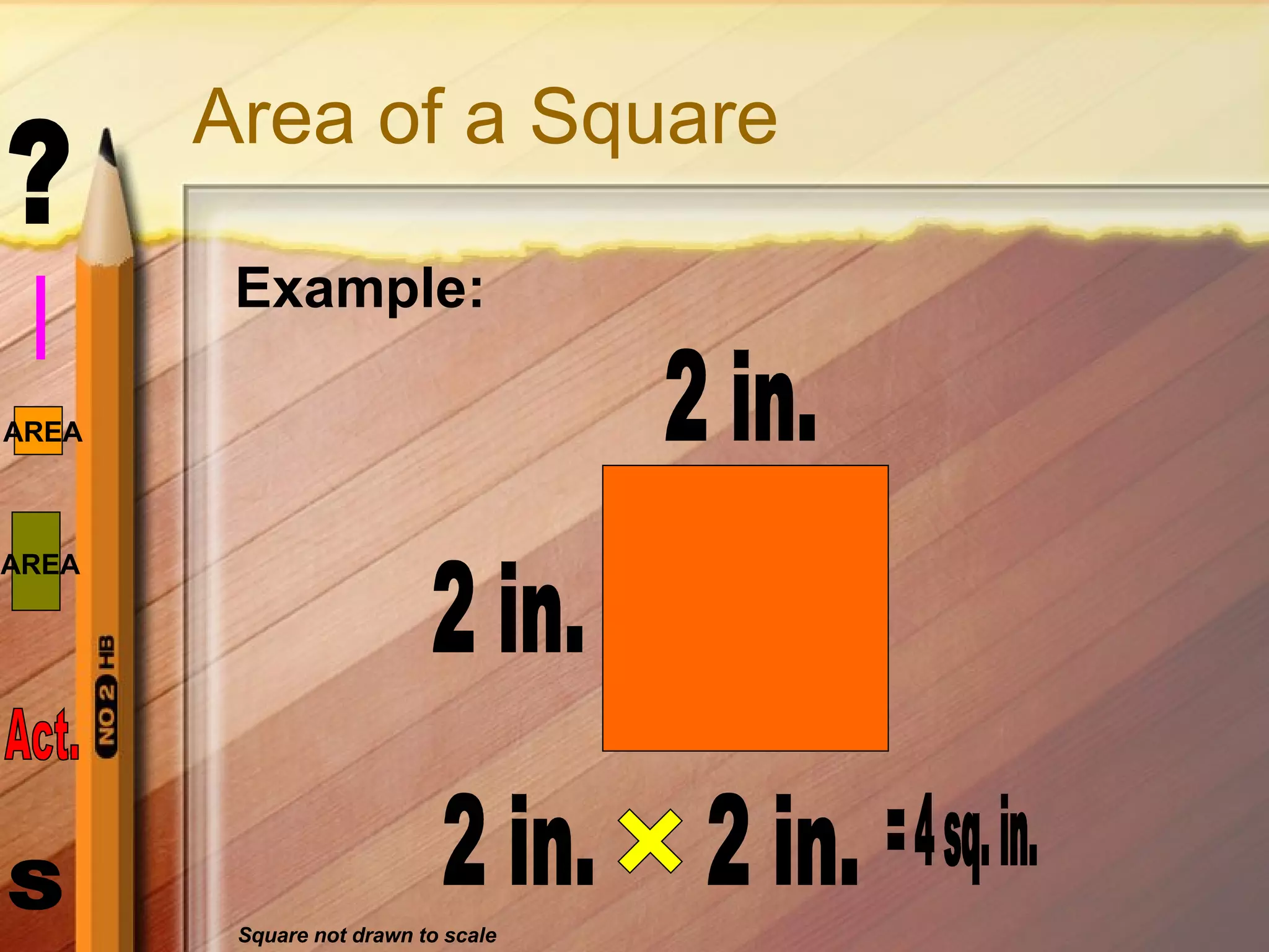 Area of a Square Example: 2 in. 2 in. 2 in. 2 in. = 4 sq. in. Square not drawn to scale 