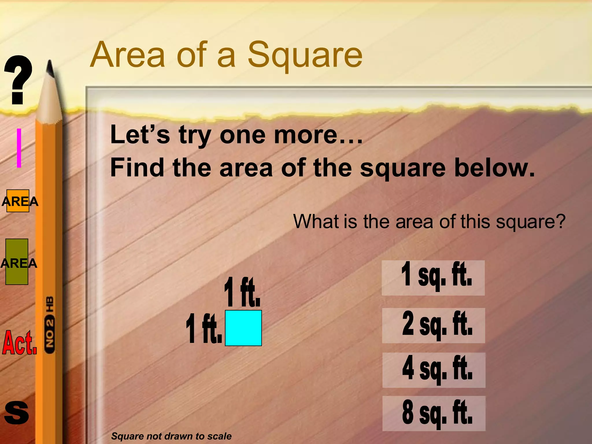 Area of a Square Let’s try one more… Find the area of the square below. 1 ft. What is the area of this square? 1 sq. ft. 2 sq. ft. 4 sq. ft. 8 sq. ft. 1 ft. Square not drawn to scale 