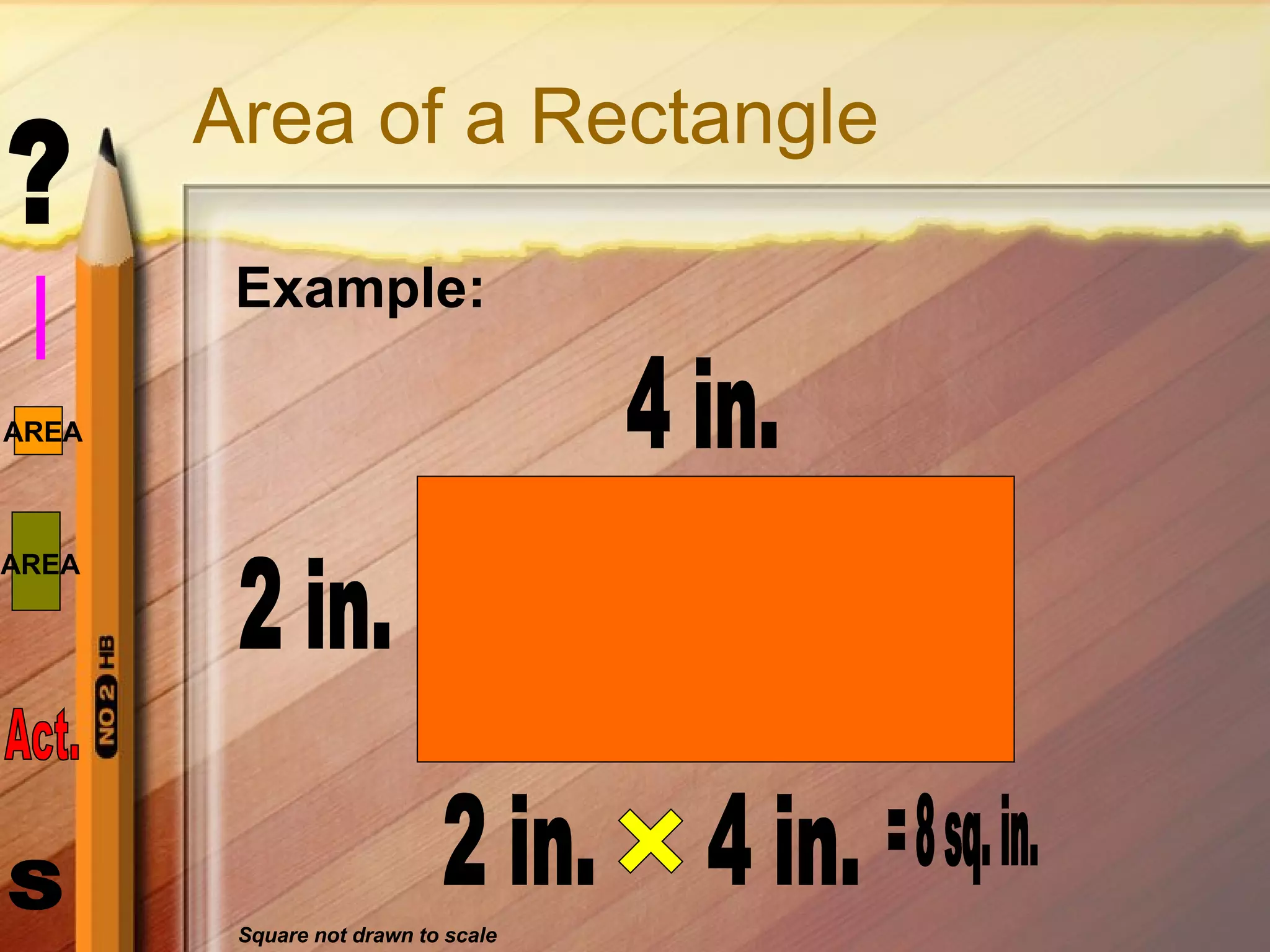 Area of a Rectangle Example: 2 in. 4 in. 2 in. 4 in. = 8 sq. in. Square not drawn to scale 