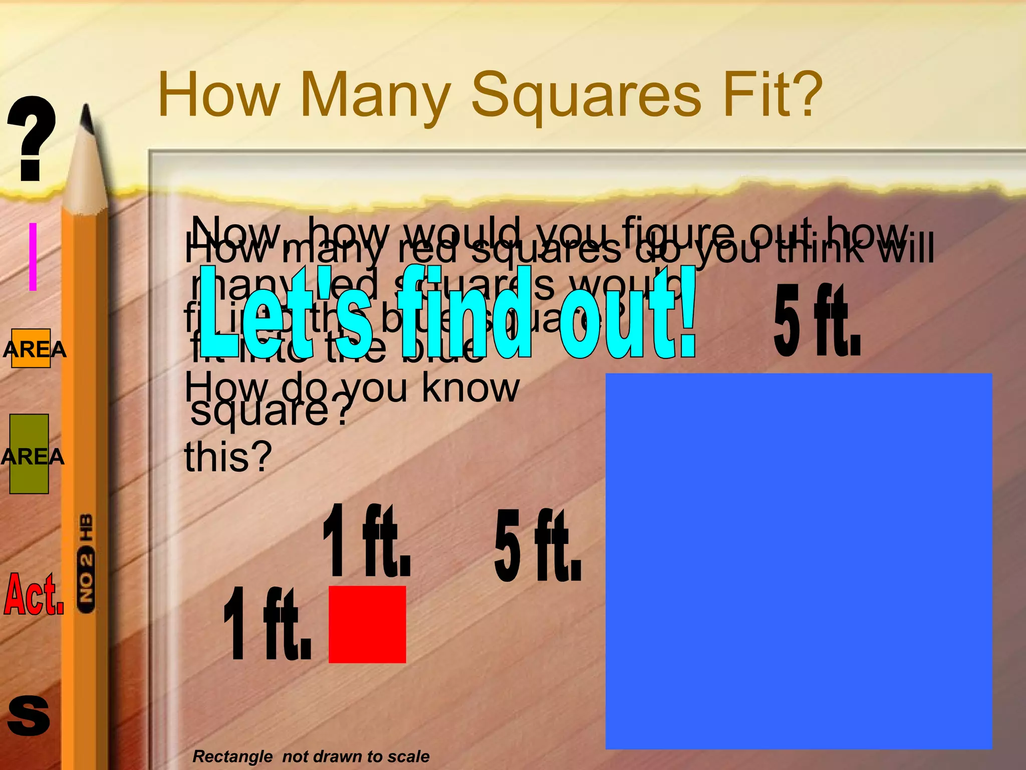 How Many Squares Fit? Now, how would you figure out how many red squares would fit into the blue square? 1 ft. 1 ft. 5 ft. 5 ft. How many red squares do you think will fit into the blue square? How do you know  this? Let's find out! Rectangle  not drawn to scale 