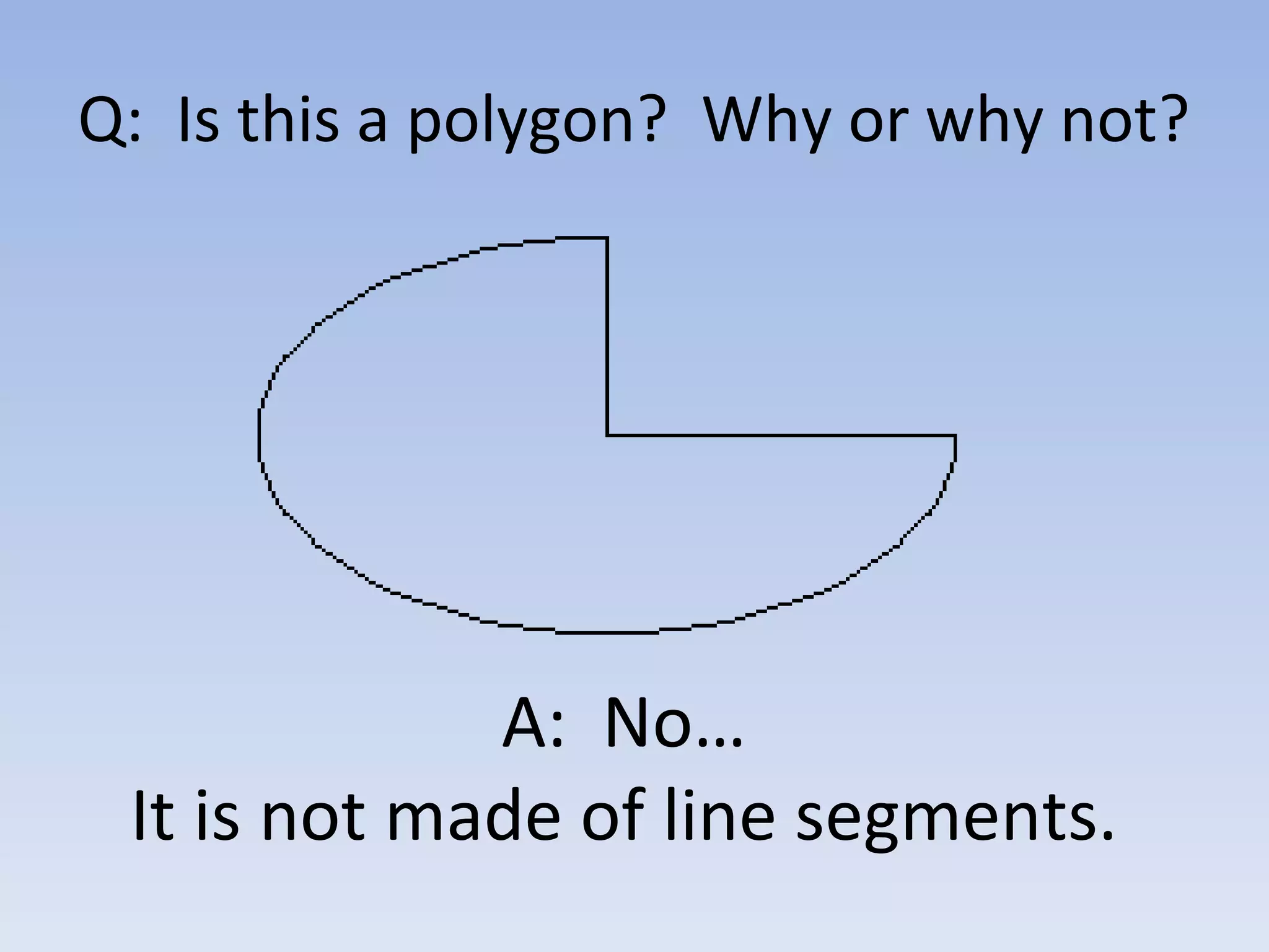 Q: Is this a polygon? Why or why not?
A: No…
It is not made of line segments.
 