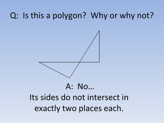 Q: Is this a polygon? Why or why not?
A: No…
Its sides do not intersect in
exactly two places each.
 