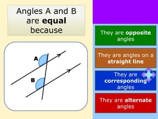 Angles A and B
  are equal
   because       They are opposite
                       angles


                 They are angles on a
    A
                    straight line

                      They are
   B               corresponding
                       angles

                 They are alternate
                       angles
 