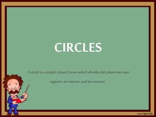 CIRCLES
Acircleisasimpleclosedcurvewhich dividestheplaneintotwo
regions:aninteriorandanexterior.
 