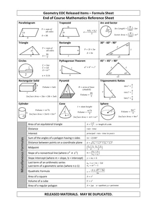 Geometry EOC Released Items – Formula Sheet
RELEASED MATERIALS. MAY BE DUPLICATED.
b
a
c
r
h
h
r
h
l
End of Course Mathematics Reference Sheet
Parallelogram Trapezoid Arc and Sector
Triangle Rectangle 30° - 60° - 90°
Circles Pythagorean Theorem 45° – 45° – 90°
Rectangular Solid Pyramid Trigonometric Ratios
Cylinder Cone Sphere
MiscellaneousFormulas
Area of an equilateral triangle s = length of a side
Distance
Interest
Sum of the angles of a polygon having n sides
Distance between points on a coordinate plane
Midpoint
Slope of a nonvertical line (where )
Slope Intercept (where m = slope, b = intercept)
Last term of an arithmetic series
Last term of a geometric series (where n ≥ 1)
Quadratic Formula
Area of a square
Volume of a cube
Area of a regular polygon a = apothem, p = perimeter
l
w
b
h
b2
h
b1
b
h r
M°
r
d
l
w
h
30°
60°
2
1
1 1
45° 45°
r
c
b
a
 
