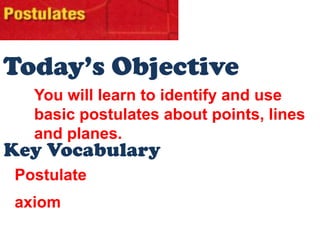 Today’s Objective You will learn to identify and use basic postulates about points, lines and planes. Key Vocabulary Postulate axiom 