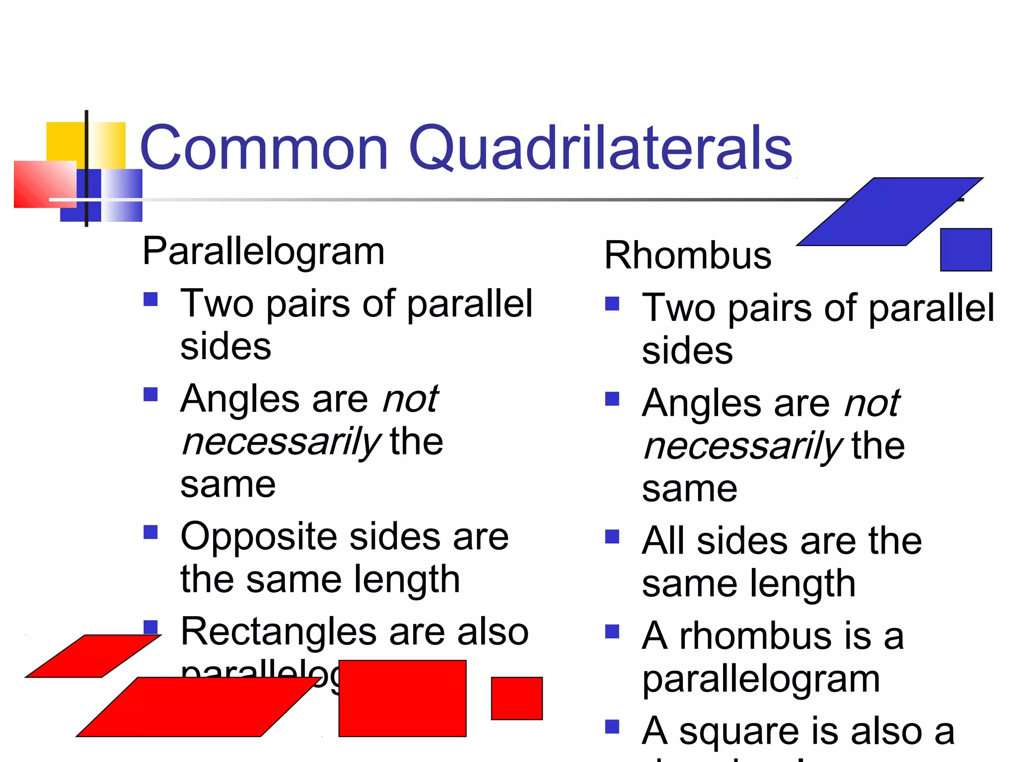Common Quadrilaterals
Parallelogram
 Two pairs of parallel
sides
 Angles are not
necessarily the
same
 Opposite sides are
the same length
 Rectangles are also
parallelograms
Rhombus
 Two pairs of parallel
sides
 Angles are not
necessarily the
same
 All sides are the
same length
 A rhombus is a
parallelogram
 A square is also a
 