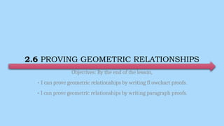 2.6 PROVING GEOMETRIC RELATIONSHIPS
Objectives: By the end of the lesson,
• I can prove geometric relationships by writing fl owchart proofs.
• I can prove geometric relationships by writing paragraph proofs.
 
