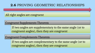 2.6 PROVING GEOMETRIC RELATIONSHIPS
All right angles are congruent
Congruent Supplements Theorem
If two angles are supplementary to the same angle (or to
congruent angles), then they are congruent
Congruent Complements Theorem
If two angles are complementary to the same angle (or to
congruent angles), then they are congruent
 