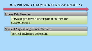 2.6 PROVING GEOMETRIC RELATIONSHIPS
Linear Pair Postulate
Vertical Angles Congruence Theorem
Vertical angles are congruent
If two angles form a linear pair, then they are
supplementary
 