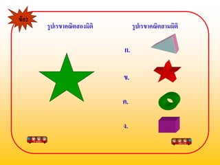 ขอ2
       รูปเรขาคณิตสองมิติ        รูปเรขาคณิตสามมิติ

                            ก.

                            ข.

                            ค.

                            ง.
 