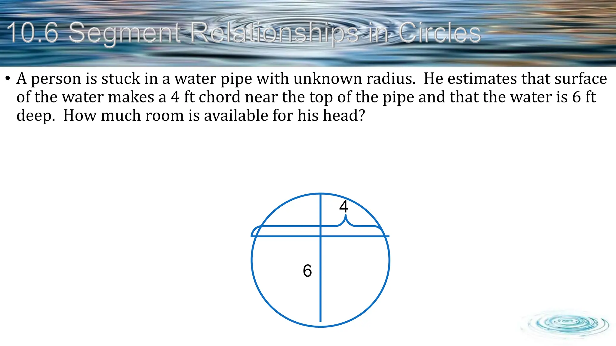 • A person is stuck in a water pipe with unknown radius. He estimates that surface
of the water makes a 4 ft chord near the top of the pipe and that the water is 6 ft
deep. How much room is available for his head?
4
6
 