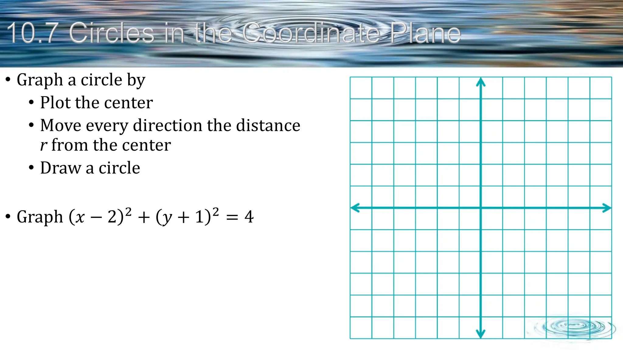 • Graph a circle by
• Plot the center
• Move every direction the distance
r from the center
• Draw a circle
• Graph 𝑥 − 2 2
+ 𝑦 + 1 2
= 4
 