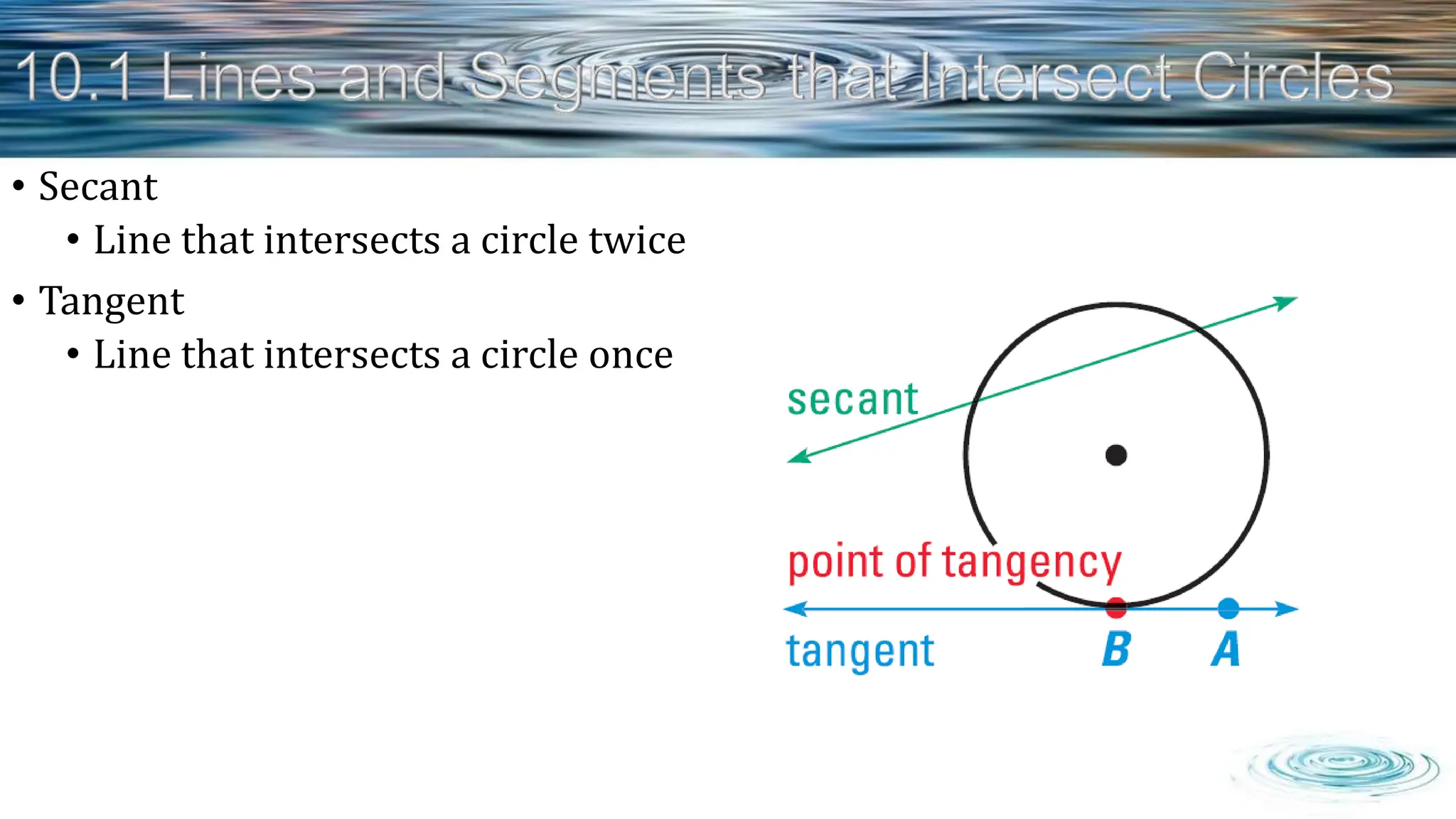 • Secant
• Line that intersects a circle twice
• Tangent
• Line that intersects a circle once
 
