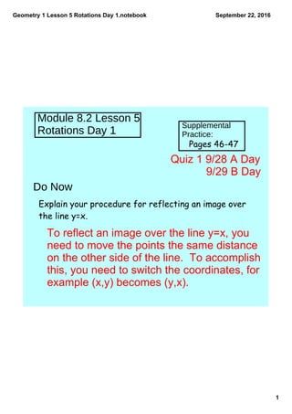 Geometry 1 Lesson 5 Rotations Day 1.notebook
1
September 22, 2016
Module 8.2 Lesson 5
Rotations Day 1
Supplemental
Practice:
Do Now
Explain your procedure for reflecting an image over
the line y=x.
Pages 46-47
Quiz 1 9/28 A Day
  9/29 B Day
To reflect an image over the line y=x, you 
need to move the points the same distance 
on the other side of the line.  To accomplish 
this, you need to switch the coordinates, for 
example (x,y) becomes (y,x).
 
