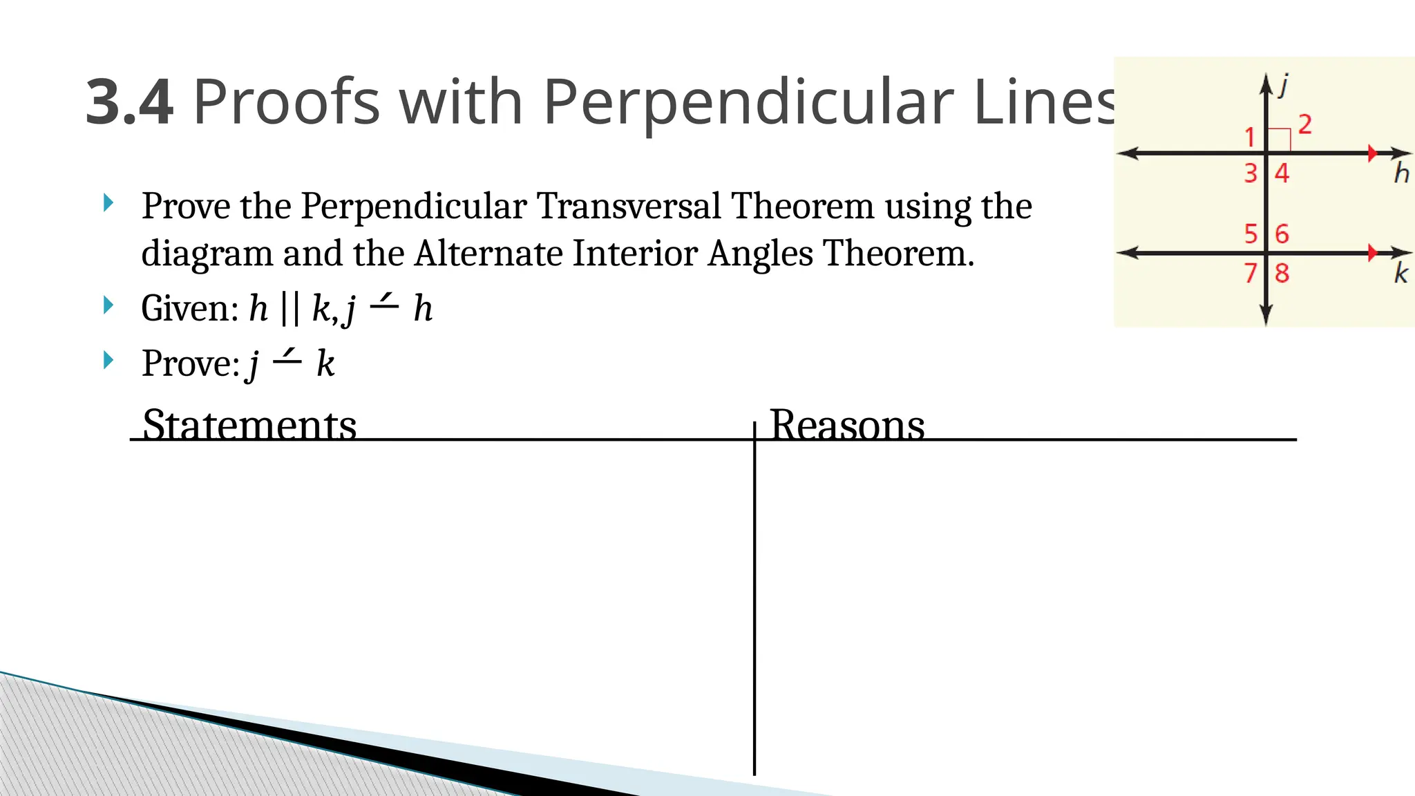 3.4 Proofs with Perpendicular Lines
 Prove the Perpendicular Transversal Theorem using the
diagram and the Alternate Interior Angles Theorem.
 Given: h || k, j  h
 Prove: j  k
Statements Reasons
 