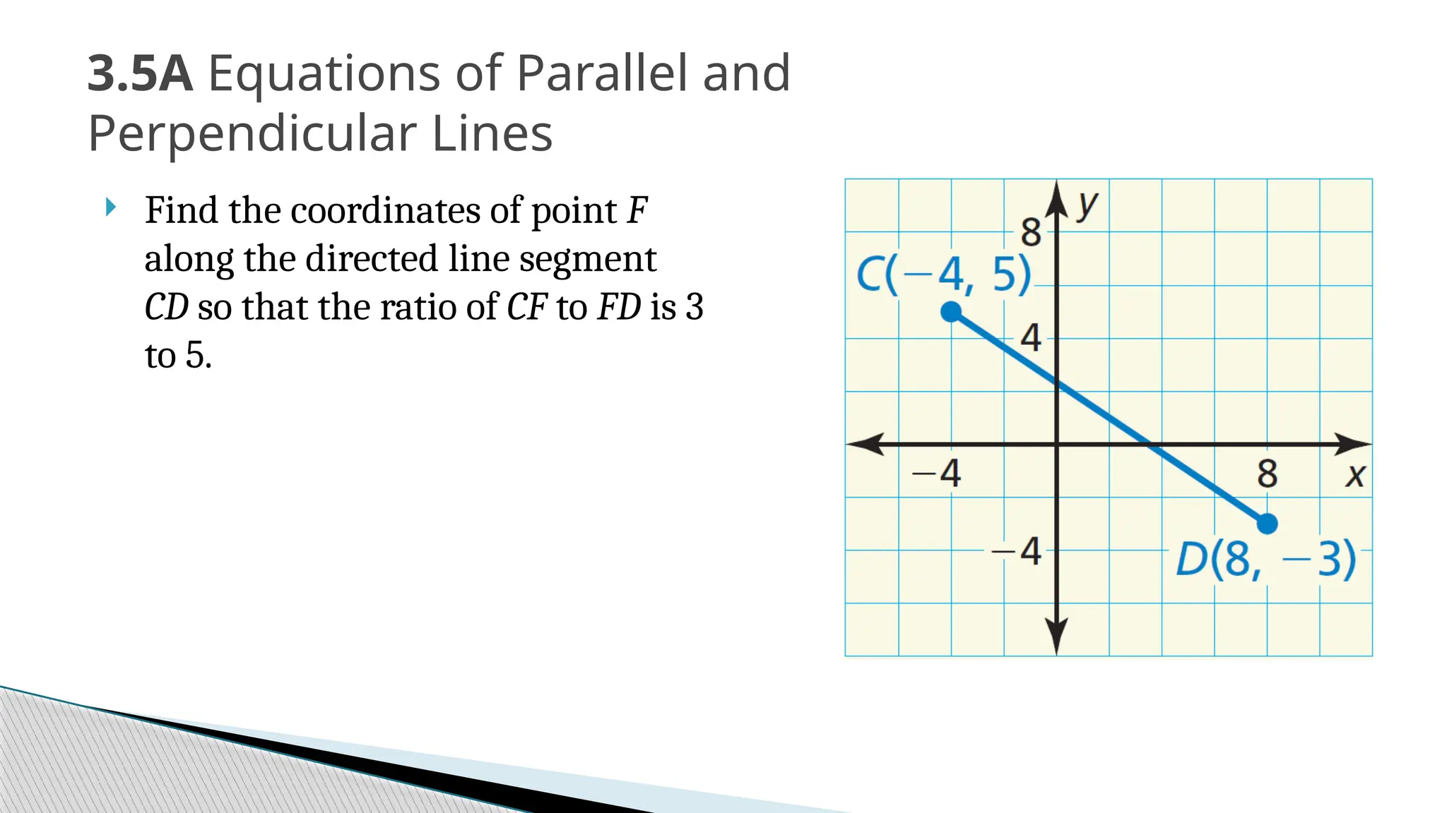  Find the coordinates of point F
along the directed line segment
CD so that the ratio of CF to FD is 3
to 5.
3.5A Equations of Parallel and
Perpendicular Lines
 