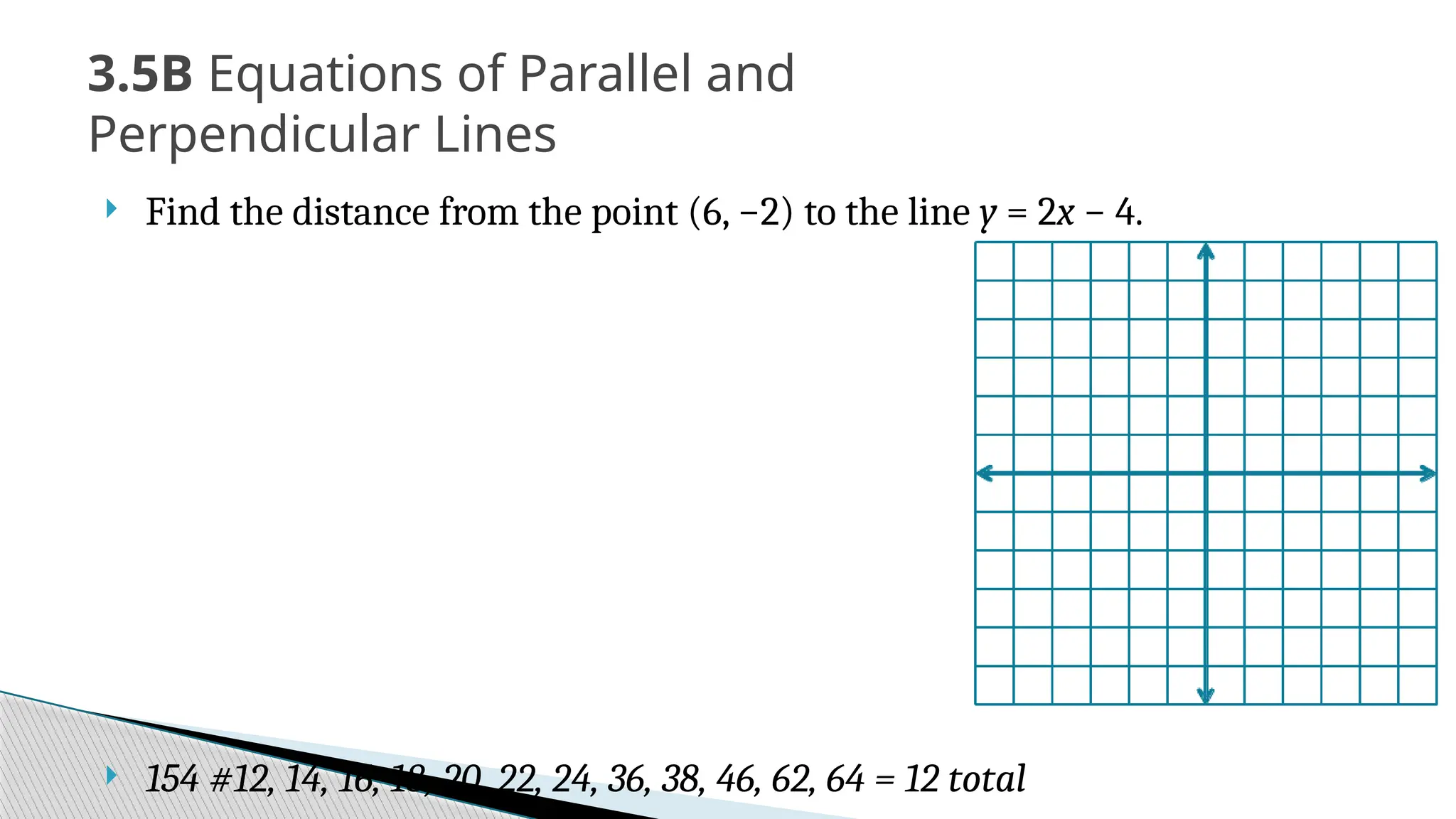  Find the distance from the point (6, −2) to the line y = 2x − 4.
 154 #12, 14, 16, 18, 20, 22, 24, 36, 38, 46, 62, 64 = 12 total
3.5B Equations of Parallel and
Perpendicular Lines
 