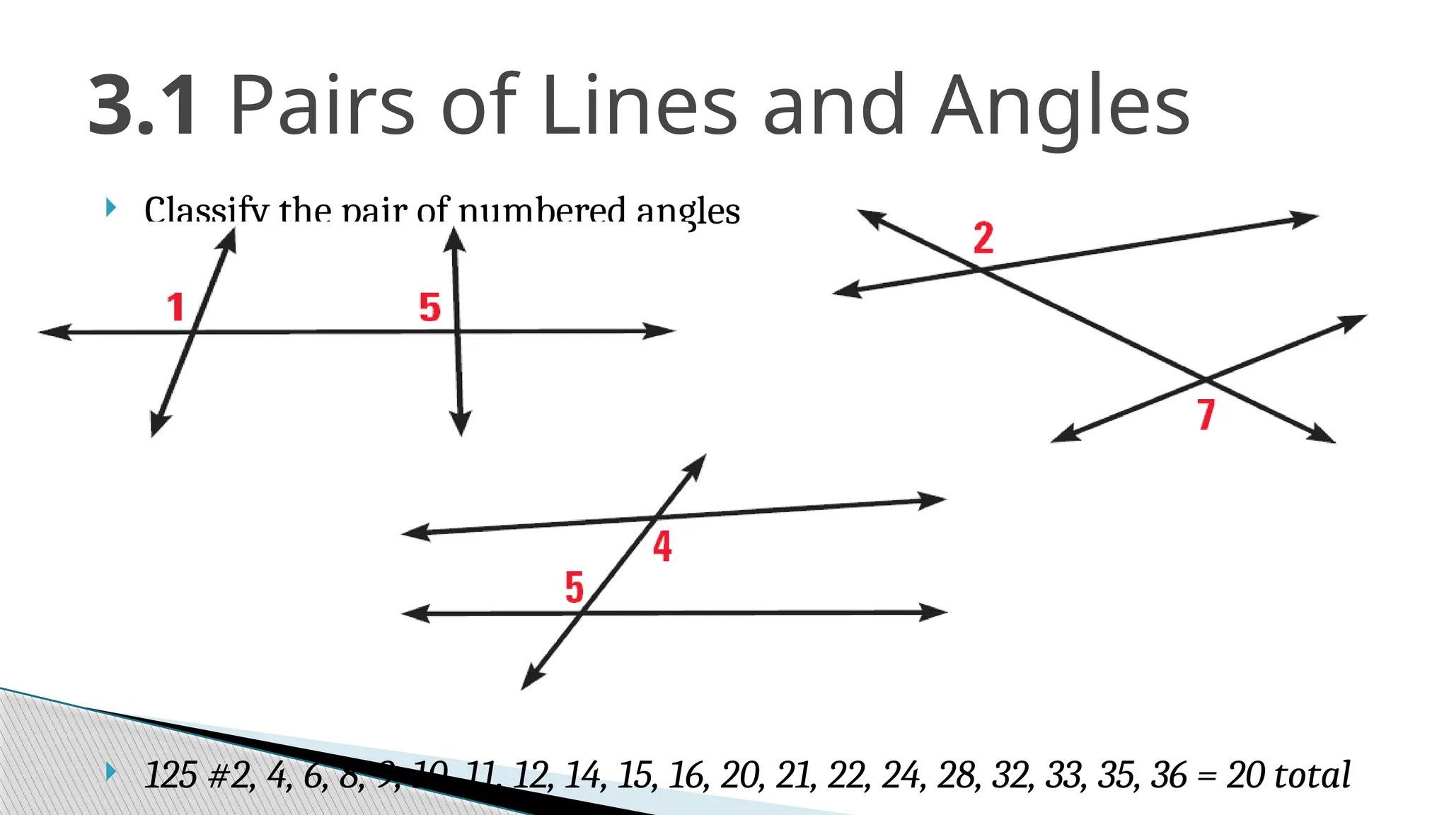  Classify the pair of numbered angles
 125 #2, 4, 6, 8, 9, 10, 11, 12, 14, 15, 16, 20, 21, 22, 24, 28, 32, 33, 35, 36 = 20 total
3.1 Pairs of Lines and Angles
 