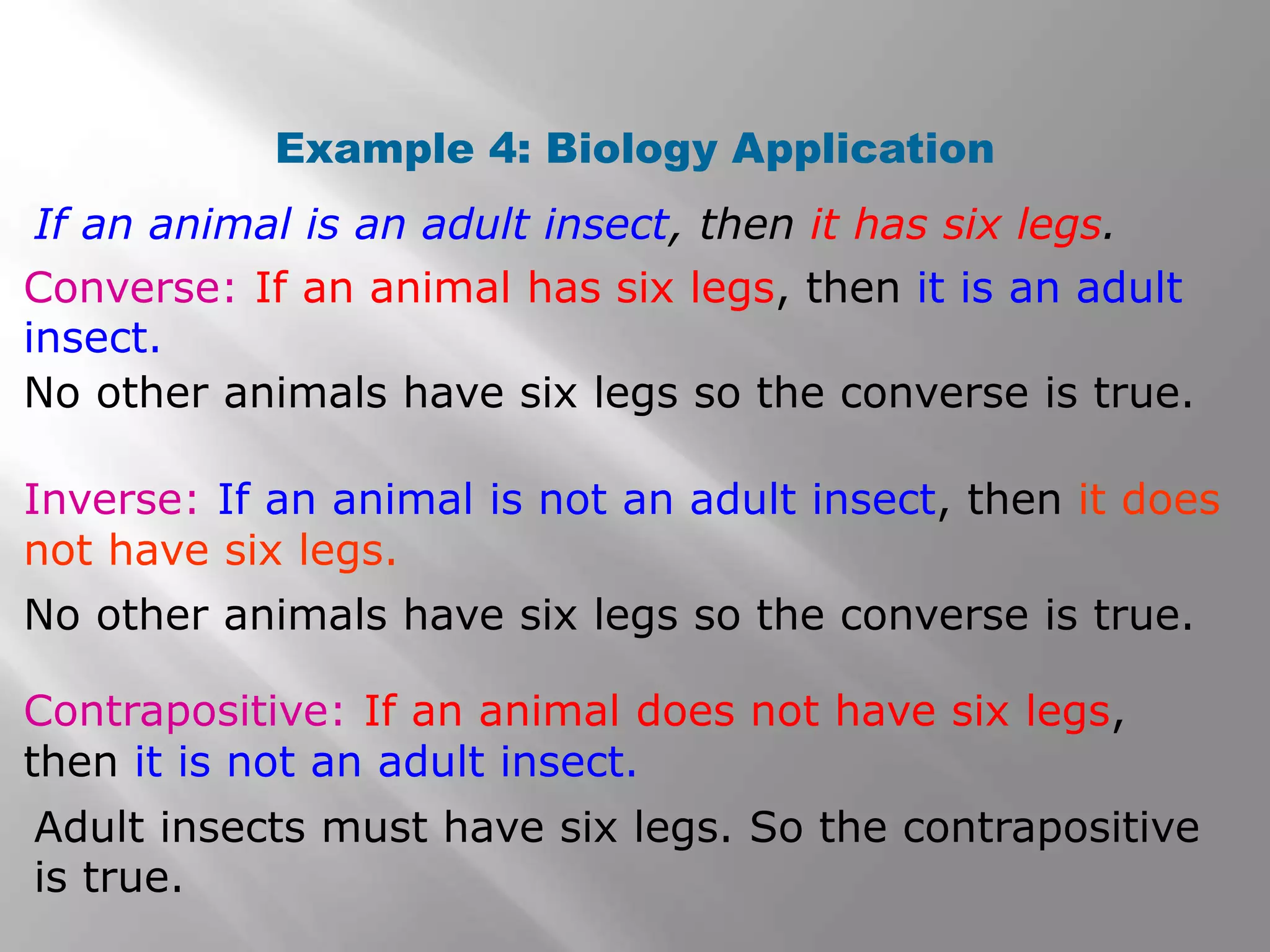 Example 4: Biology Application
Inverse: If an animal is not an adult insect, then it does
not have six legs.
Converse: If an animal has six legs, then it is an adult
insect.
If an animal is an adult insect, then it has six legs.
No other animals have six legs so the converse is true.
Contrapositive: If an animal does not have six legs,
then it is not an adult insect.
Adult insects must have six legs. So the contrapositive
is true.
No other animals have six legs so the converse is true.
 