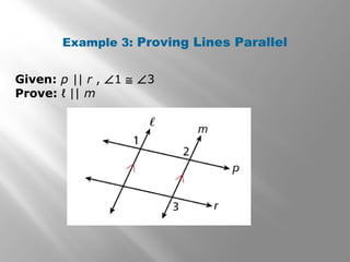Example 3: Proving Lines Parallel
Given: p || r , ∠1 ≅ ∠3
Prove: ℓ || m
 