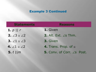 Example 3 Continued
Statements Reasons
1. p || r
5. ℓ ||m
2. ∠3 ≅ ∠2
3. ∠1 ≅ ∠3
4. ∠1 ≅ ∠2
2. Alt. Ext. ∠s Thm.
1. Given
3. Given
4. Trans. Prop. of ≅
5. Conv. of Corr. ∠s Post.
 