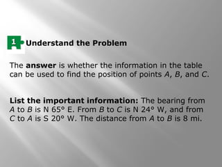 The answer is whether the information in the table
can be used to find the position of points A, B, and C.
List the important information: The bearing from
A to B is N 65° E. From B to C is N 24° W, and from
C to A is S 20° W. The distance from A to B is 8 mi.
11 Understand the Problem
 