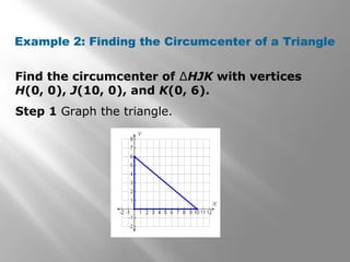 Example 2: Finding the Circumcenter of a Triangle
Find the circumcenter of ∆HJK with vertices
H(0, 0), J(10, 0), and K(0, 6).
Step 1 Graph the triangle.
 