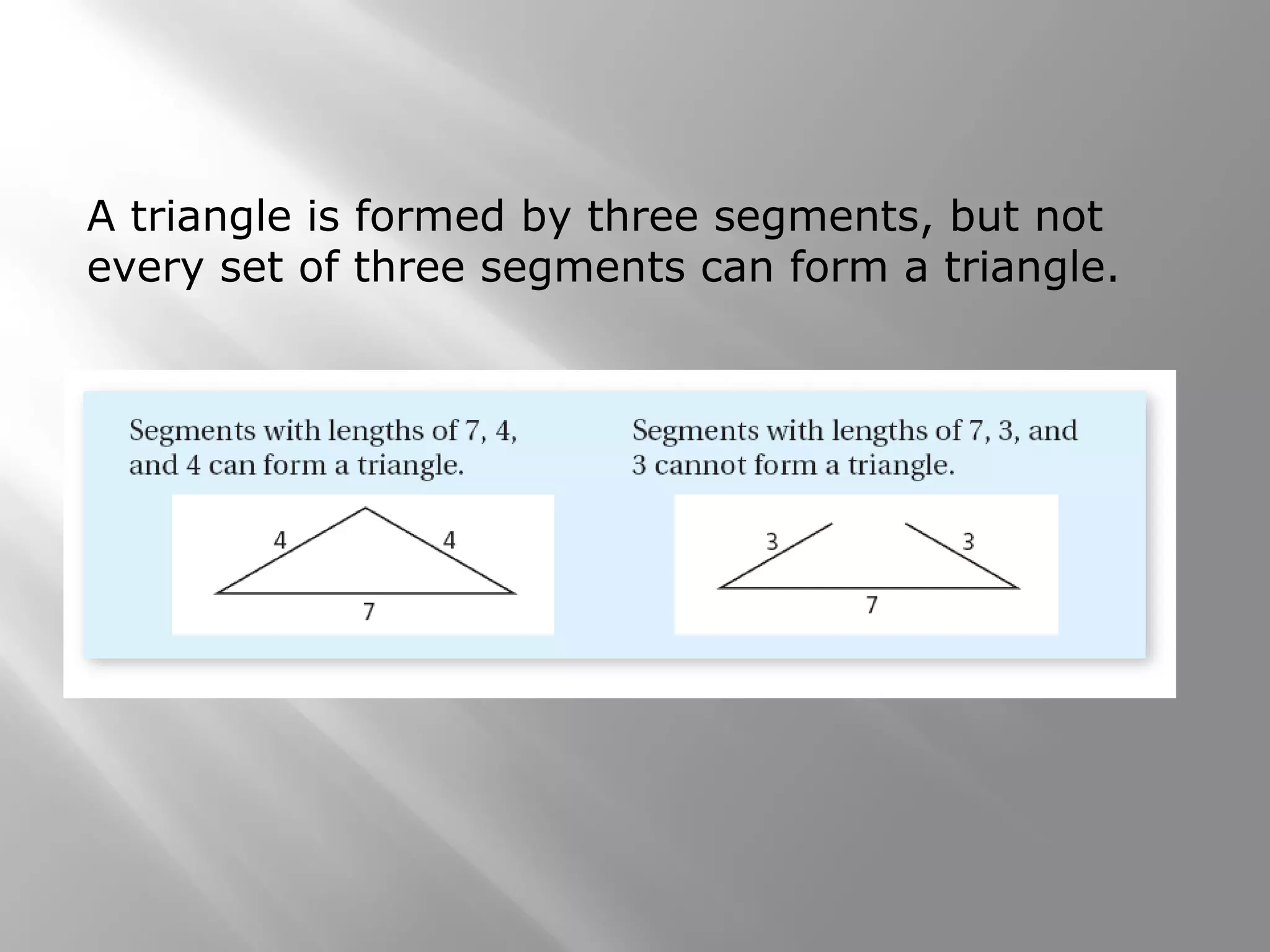 A triangle is formed by three segments, but not
every set of three segments can form a triangle.
 