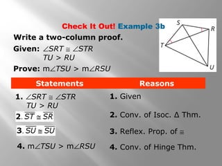 Write a two-column proof.
Given:
Prove: m∠TSU > m∠RSU
Statements Reasons
1. Given
3. Reflex. Prop. of ≅
4. Conv. of Hinge Thm.
2. Conv. of Isoc. Δ Thm.
1. ∠SRT ≅ ∠STR
TU > RU
∠SRT ≅ ∠STR
TU > RU
Check It Out! Example 3b
4. m∠TSU > m∠RSU
 