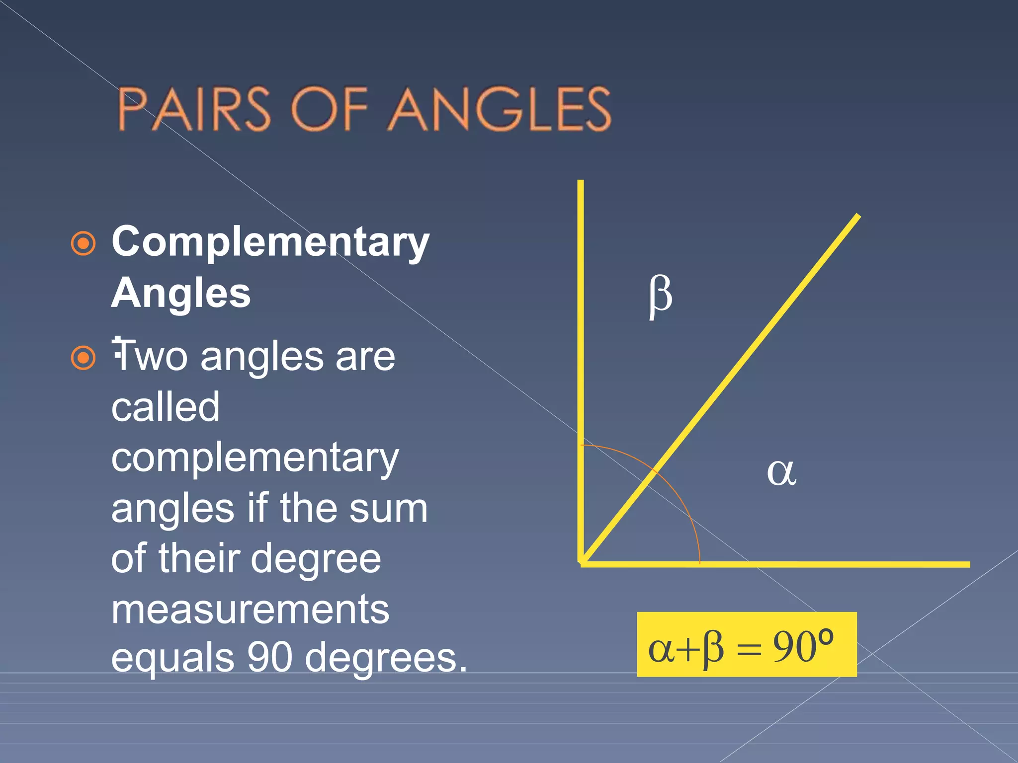  Complementary
Angles
: Two angles are
called
complementary
angles if the sum
of their degree
measurements
equals 90 degrees.


  º
 