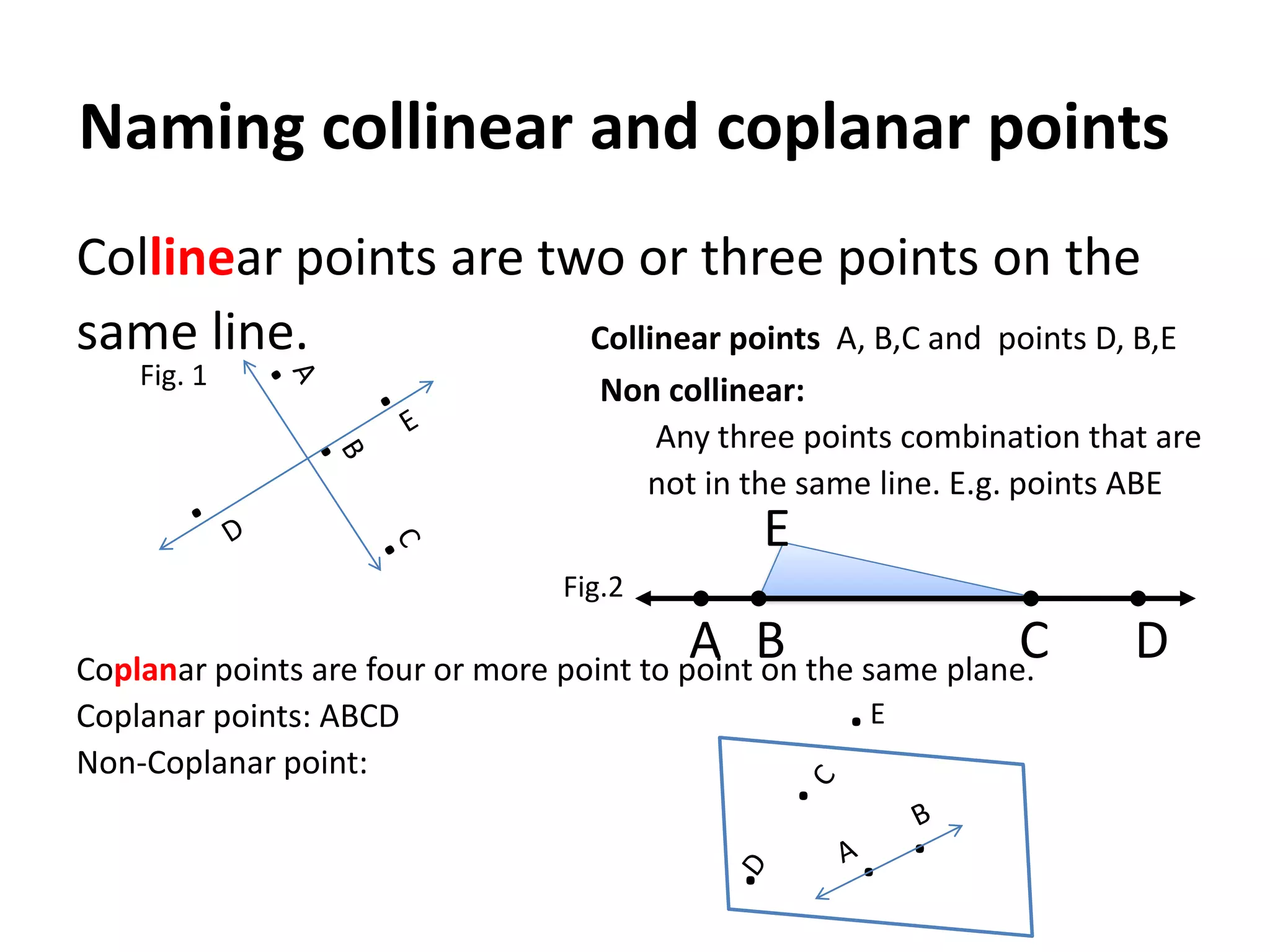 Naming collinear and coplanar points
Collinear points are two or three points on the
same line.             Collinear points A, B,C and points D, B,E
    Fig. 1
                                    Non collinear:
                                       Any three points combination that are
                                      not in the same line. E.g. points ABE
                                                 E
                                 Fig.2
                                          A B                    C
Coplanar points are four or more point to point on the same plane.
                                                                       D
Coplanar points: ABCD                                 .E
Non-Coplanar point:
                                                     .
                                                             .
                                             .           .
 