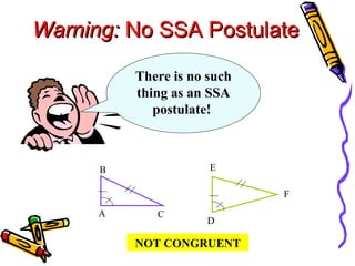 Warning:  No SSA Postulate A C B D E F NOT CONGRUENT There is no such thing as an SSA postulate!  
