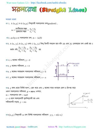 Want more Updates  http://facebook.com/tanbir.ebooks
facebook /gmail/skype: - http://tanbircox.blogspot.com
঳াধাযণ ধাযণা
1. A (x1,y1) ঑ B (x2,y2) রফন্দুগাভী ঳যররযখায ঢার(gradient) ,
2. ax+by+c=0 ঳যররযখায ঢার, m = -(a/b)
3. A (x1, y1), B (x2, y2) এফং C (x3, y3) রফন্দু রতনরি ঳ভরযখ ঴রফ মরদ AB এফং AC তযখাদ্বরয়য ঢার একই ঴য় ।
অথোৎ মরদ, ঴য়
4. x অরেয ঳ভীকযণ, y = 0
5. y অরেয ঳ভীকযণ, x = 0
6. x অরেয ঳ভান্তযার ঳যররযখায ঳ভীকযণ, y = b
7. y অরেয ঳ভান্তযার ঳যররযখায ঳ভীকযণ, x = a
8. y অে তথরক রনরদষ্ট অং঱ c তেদ করয এফং x অরেয ঳ারথ ধনাত্মক তকাণ θ উৎ঩ন্ন করয
এরূ঩ ঳যররযখায ঳ভীকযণ, y = mx+c এখারন,
m = ঳যররযখায ঢার = tanθ
c = 0 ঴রর ঳যররযখারি ভূররফন্দুগাভী ঴য় এফং
঳ভীকযণরি দাড়ায়, y = mx
9.(x1,y1) রফন্দুগাভী m ঢার রফর঱ষ্ট ঳যররযখায ঳ভীকযণ y-y1 = m(x-x1)
 