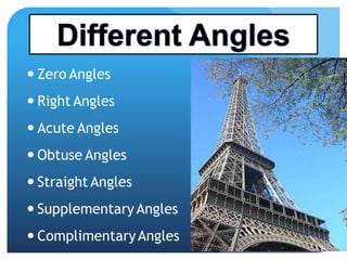  Zero Angles
 Right Angles
 Acute Angles Acute Angles
 Obtuse Angles
 Straight Angles
 SupplementaryAngles
 ComplimentaryAngles
 