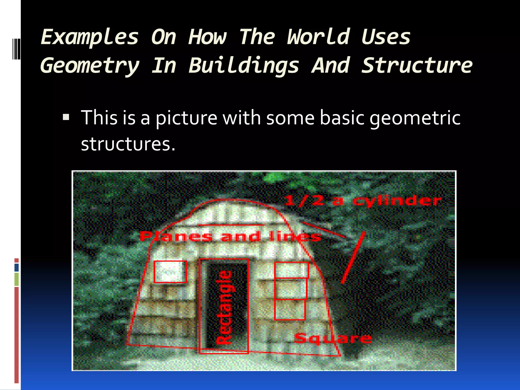 Examples On How The World Uses
Geometry In Buildings And Structure

  This is a picture with some basic geometric
   structures.
 