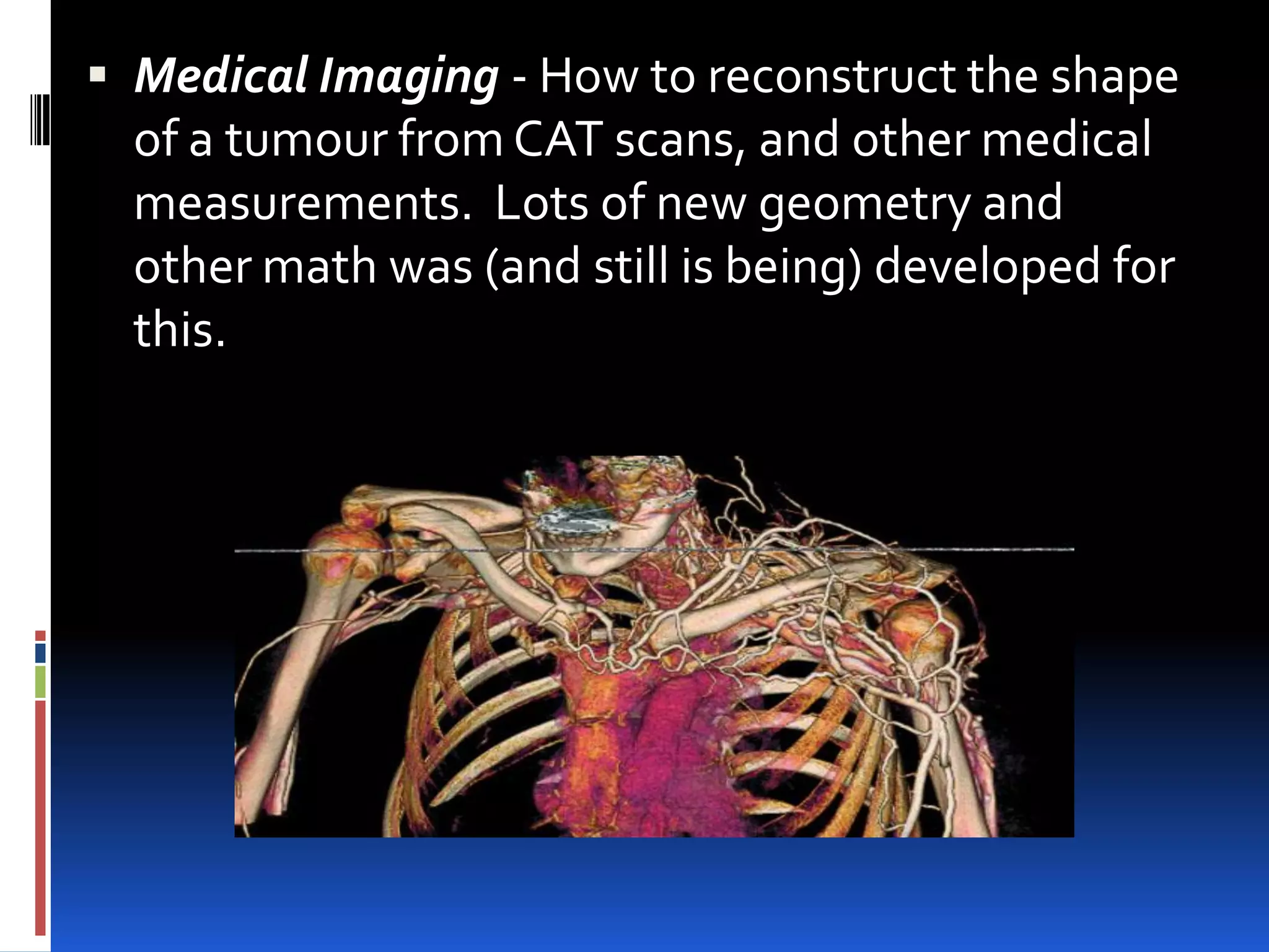  Medical Imaging - How to reconstruct the shape
  of a tumour from CAT scans, and other medical
  measurements. Lots of new geometry and
  other math was (and still is being) developed for
  this.
 