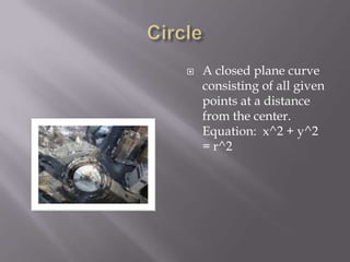 CircleA closed plane curve consisting of all given points at a distance from the center. Equation:  x^2 + y^2 = r^2