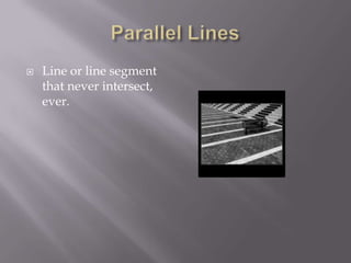 Parallel LinesLine or line segment that never intersect, ever.